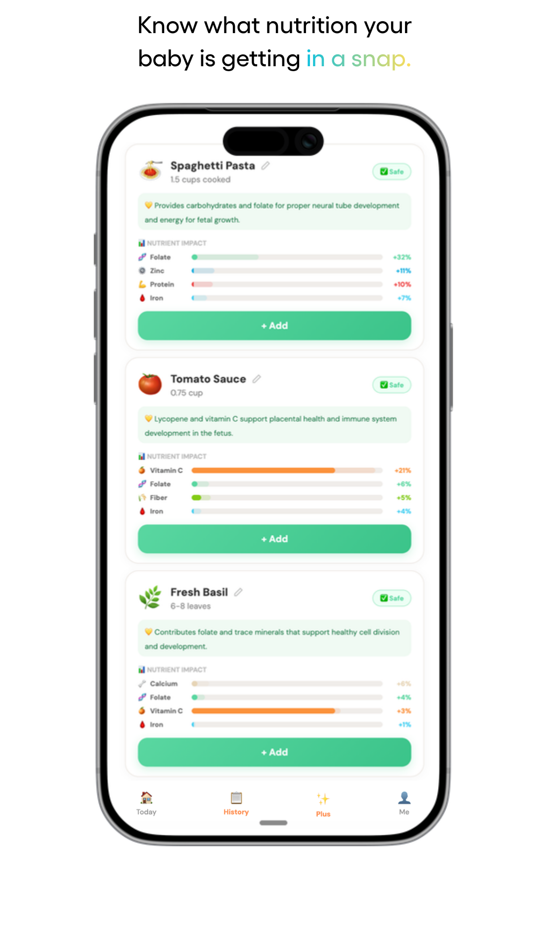 See nutrient impact per ingredient with safety badges