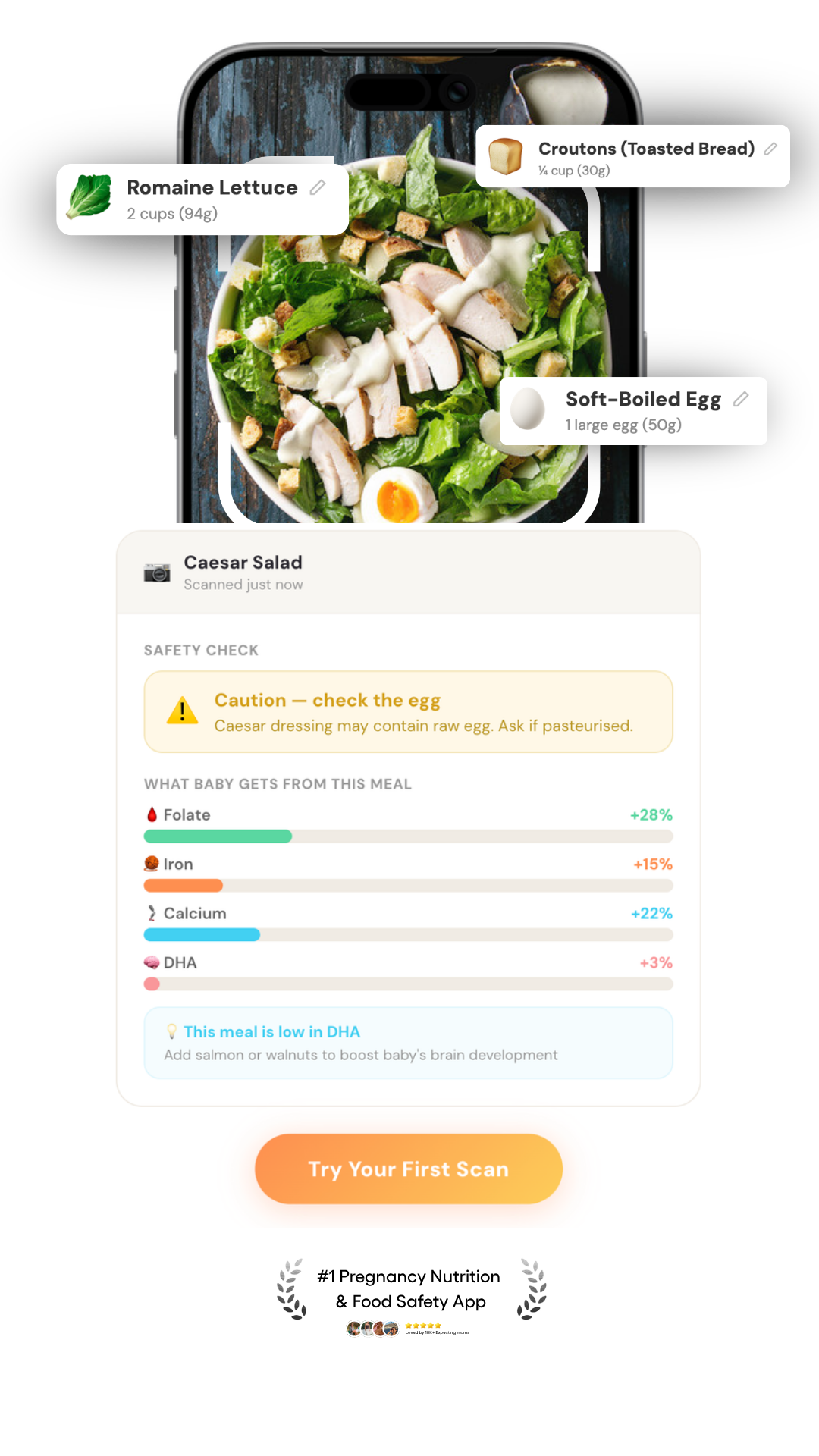 Caesar Salad scanned — Safety check: Caution, check the egg. Nutrients: Folate +28%, Iron +15%, Calcium +22%, DHA +3%. Try Your First Scan.